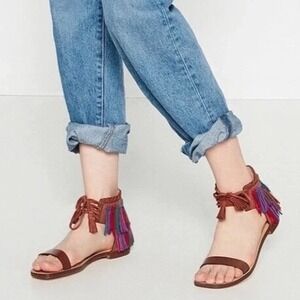 Zara Woman Leather‎ Fringe Sandals Brown Multi Color Lace Up Boho Flat 40 NEW